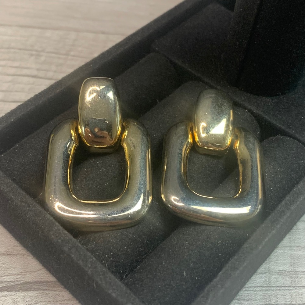 Vtg Gold Tone Door Knocker Earrings Rectangular Drop Chunky Statement Post 5539
